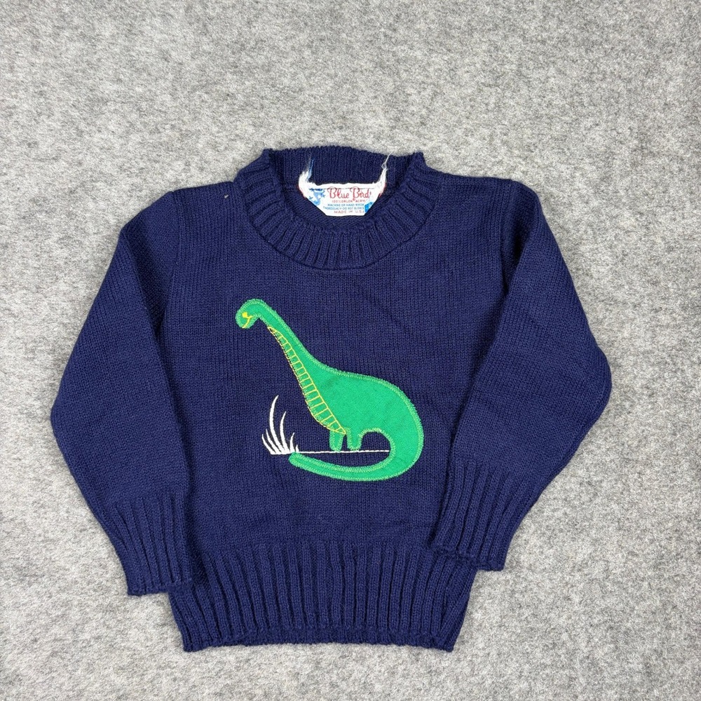 Blue Bird Dinosaur Sweater Kids Navy Blue Vintage 70s 80s Brontosaurus Knit - Picture 2 of 10